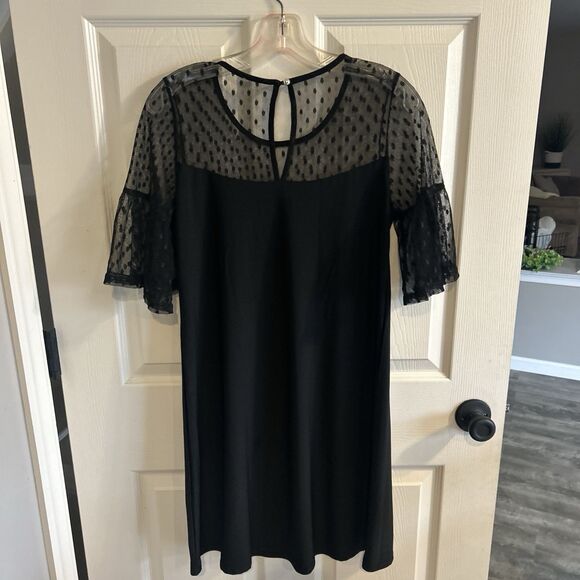WOMENS SIZE MEDIUM BLACK MESH TRIM BELL SLEEVE DRESS - Picture 6 of 10